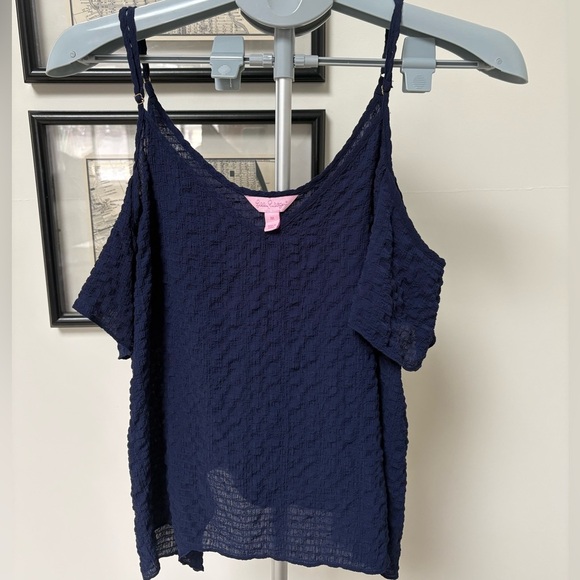 Lilly Pulitzer Aruna Top | Cold Shoulder Blouse | Navy Blue Textured | Size M - Picture 2 of 4